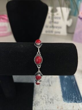 Sterling Silver Coral Gemstone Link Bracelet